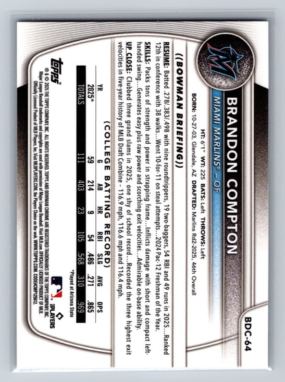 Brandon Compton 2025 Bowman Draft Chrome 1st Purple Geometric Refractor /250