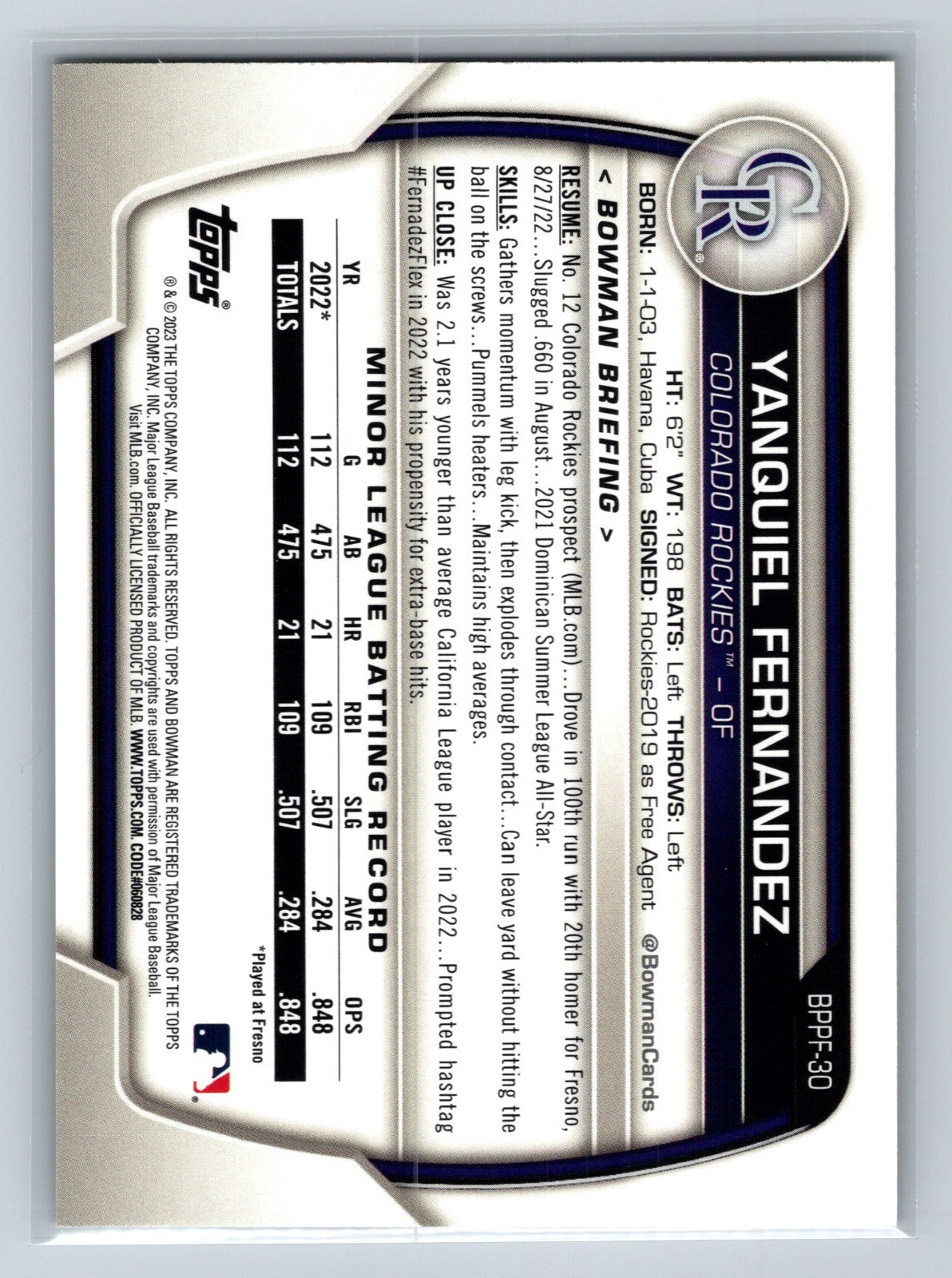 Yanquiel Fernandez 2023 Bowman 1st Edition Yellow Foil /75 #BPPF-30 Rockies