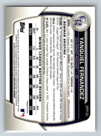 Yanquiel Fernandez 2023 Bowman 1st Edition Yellow Foil /75 #BPPF-30 Rockies