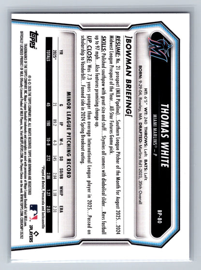 Thomas White 2026 Bowman Paper Prospects Purple Scorecard /250 #BP-80 Marlins