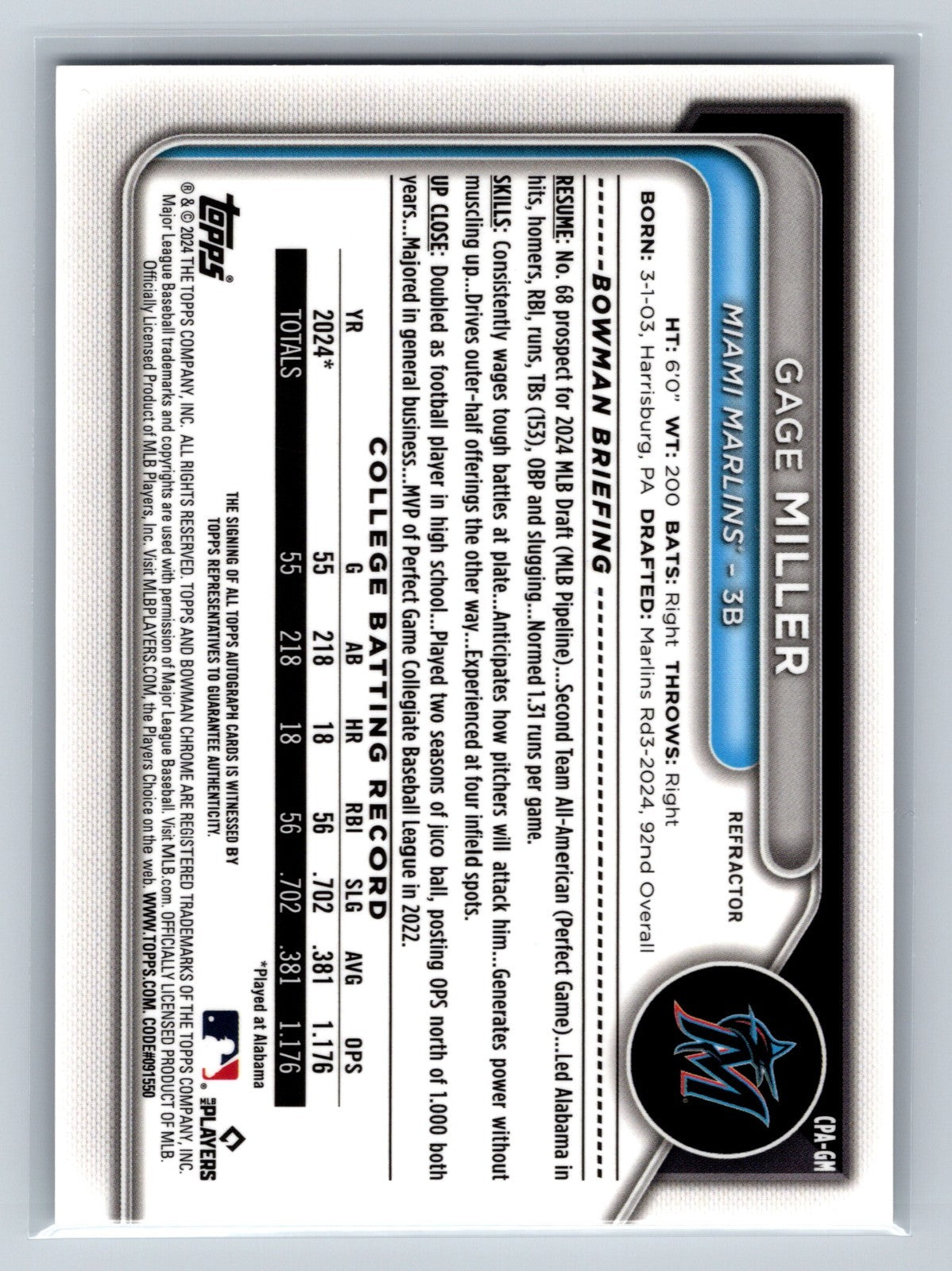 Gage Miller 2024 Bowman Draft Chrome 1st Refractor Auto /499 #CPA-GM Marlins