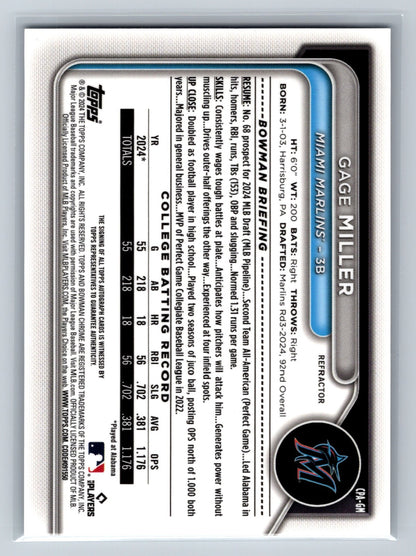 Gage Miller 2024 Bowman Draft Chrome 1st Refractor Auto /499 #CPA-GM Marlins