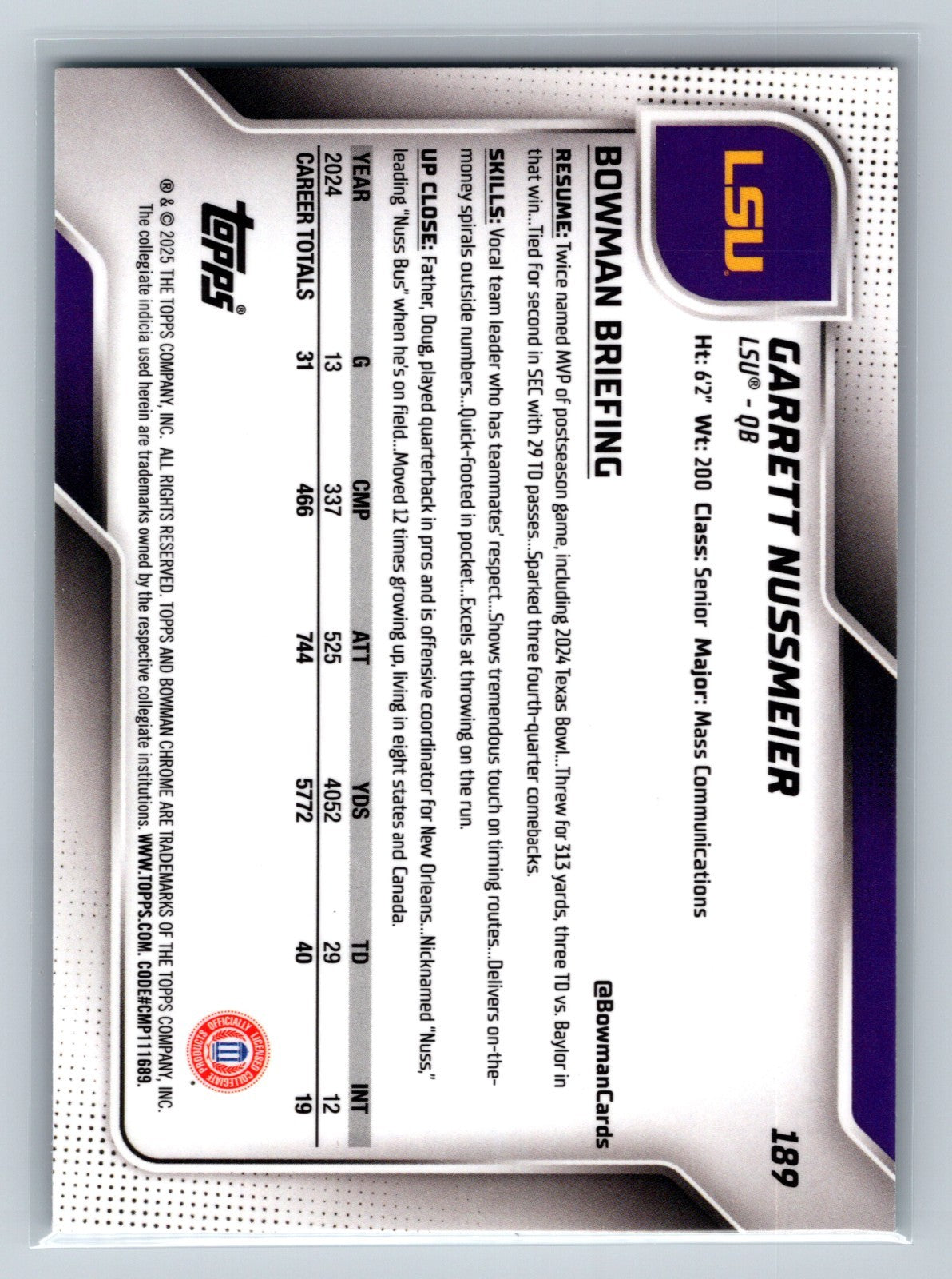 Garrett Nussmeier 2025 Bowman U Chrome Aqua Mini Diamond Refractor /325 #189