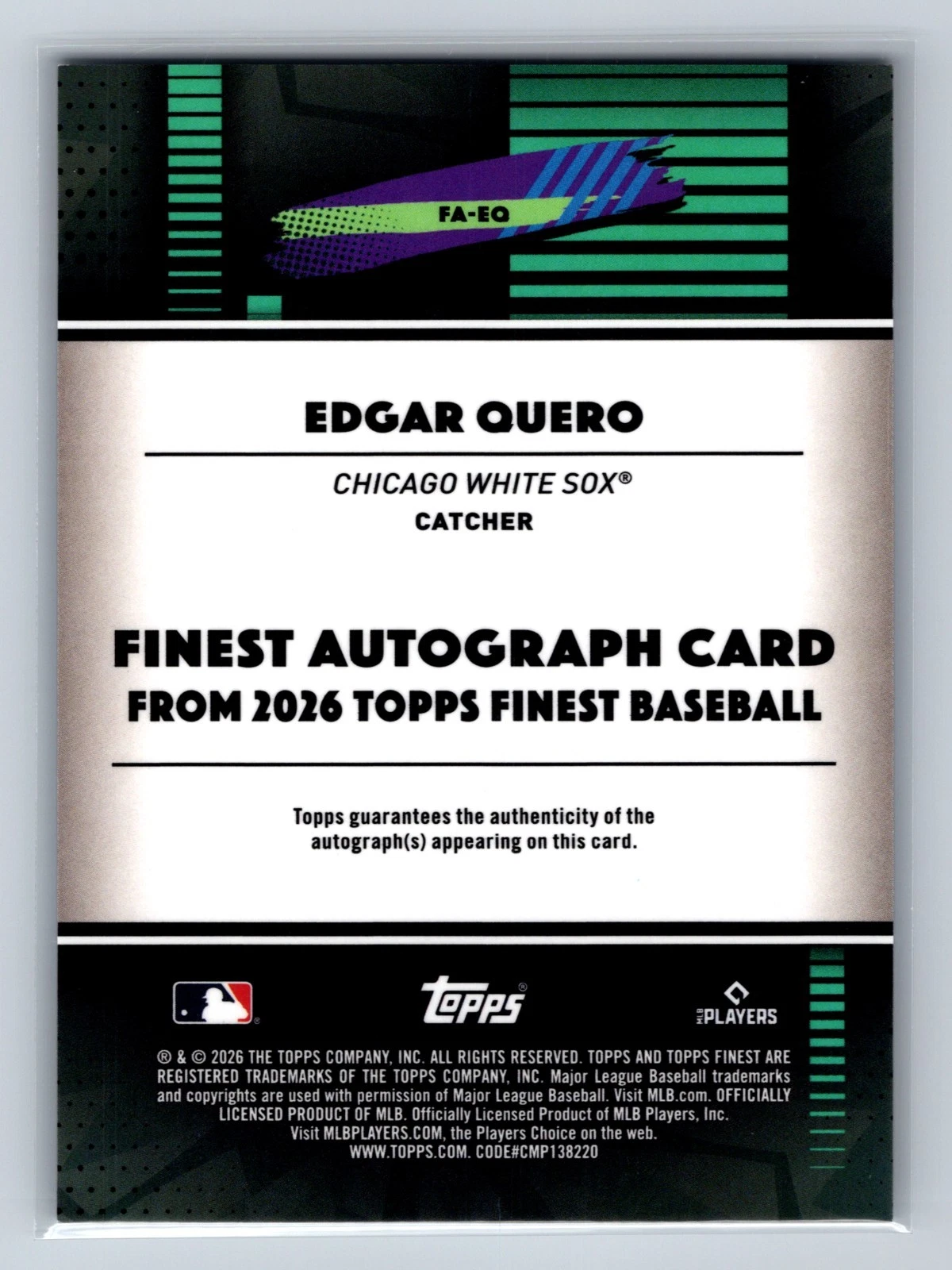 Edgar Quero 2026 Topps Finnest Sky Blue Refractor Auto /199 #FA-EQ White Sox