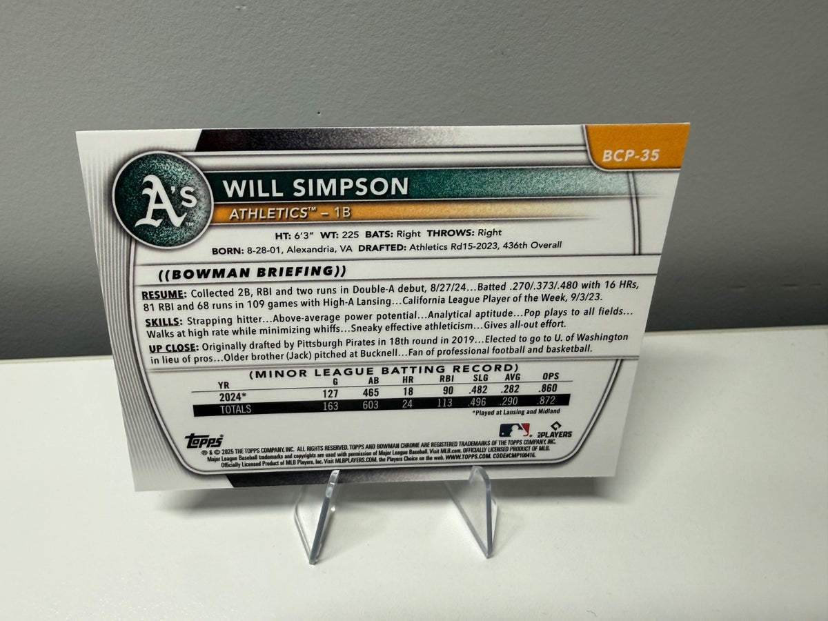 Will Simpson 2025 Bowman Chrome 1st Blue RayWave Refractor /150 #BCP-35