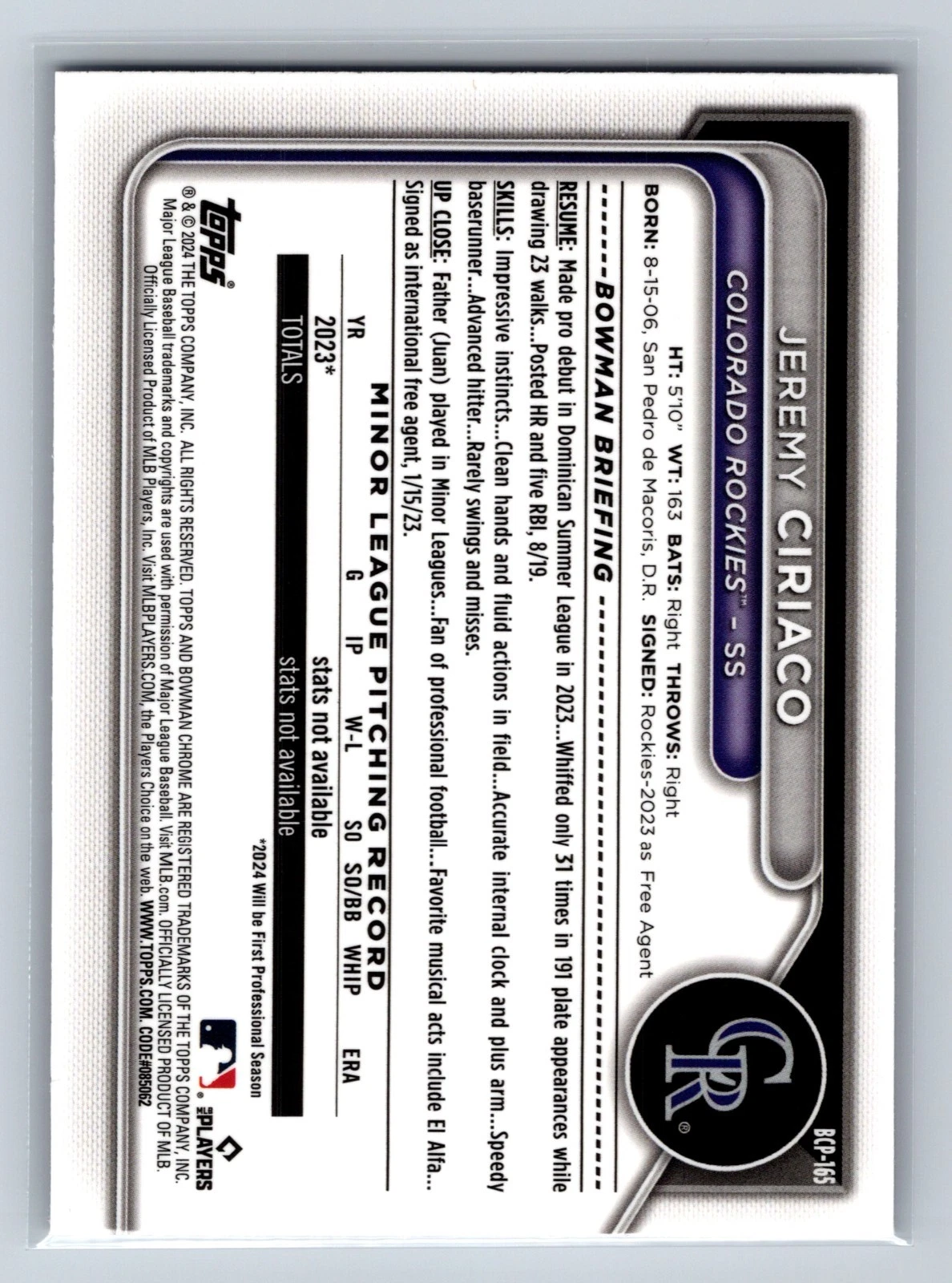 Jeremy Ciriaco 2024 Bowman Chrome 1st Purple Shimmer Refractor /250 #BCP-165