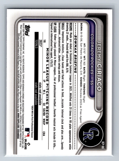 Jeremy Ciriaco 2024 Bowman Chrome 1st Purple Shimmer Refractor /250 #BCP-165
