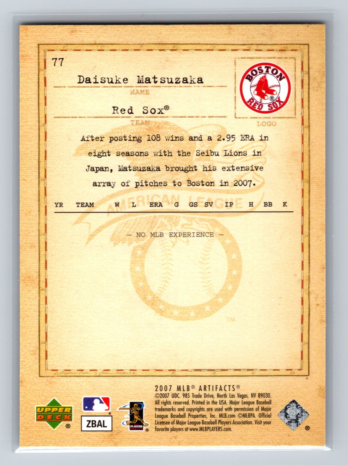 Daisuke Matsuzaka 2007 Upper Deck MLB Artifacts Rookie #77 Red Sox