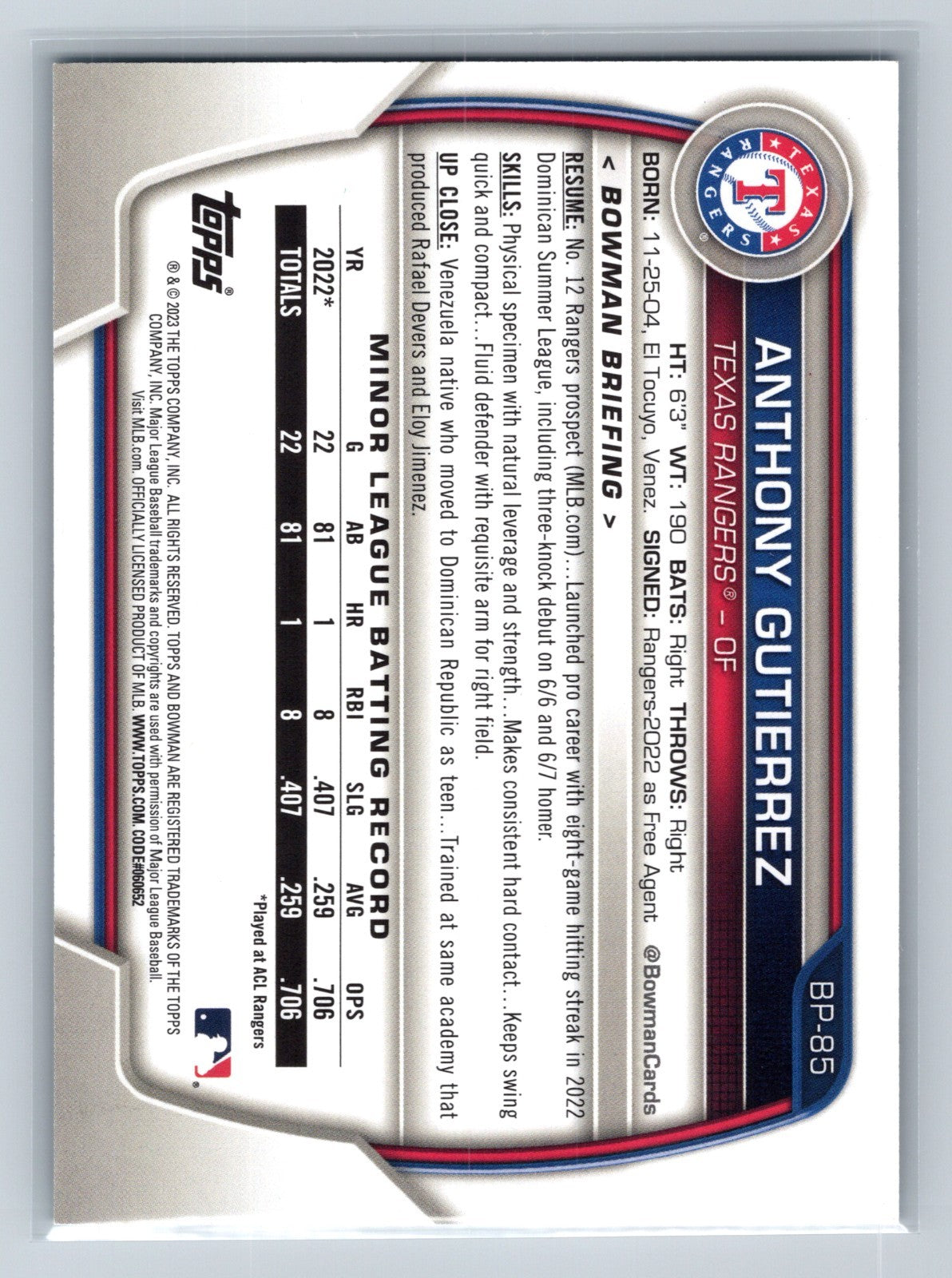 Anthony Gutierrez 2023 Bowman Sky Blue Paper Prospects /499 #BP-85 Rangers