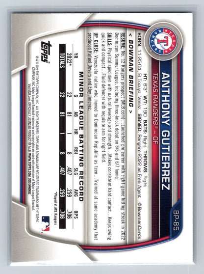 Anthony Gutierrez 2023 Bowman Sky Blue Paper Prospects /499 #BP-85 Rangers