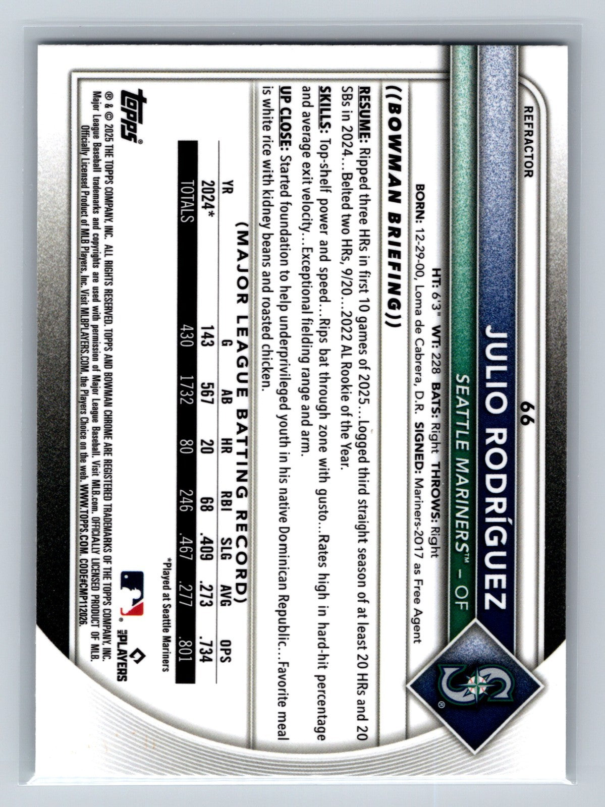 Julio Rodriguez 2025 Bowman Chrome Refractor /499 #66 Mariners