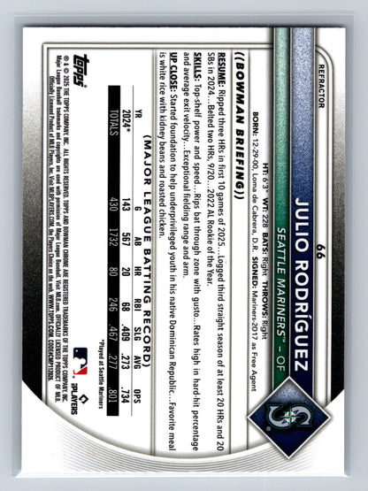 Julio Rodriguez 2025 Bowman Chrome Refractor /499 #66 Mariners