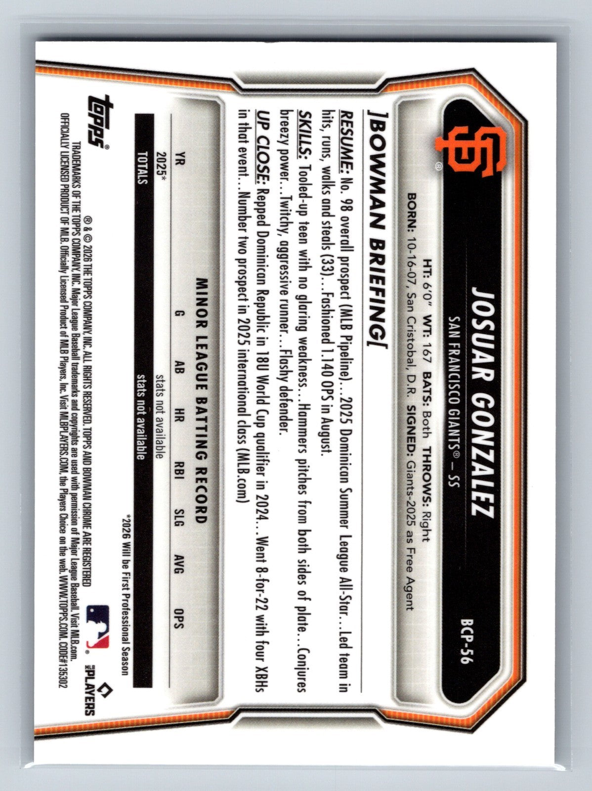 Josuar Gonzalez 2026 Bowman Chrome Prospects Reptilian Refractor #BCP-56 Giants