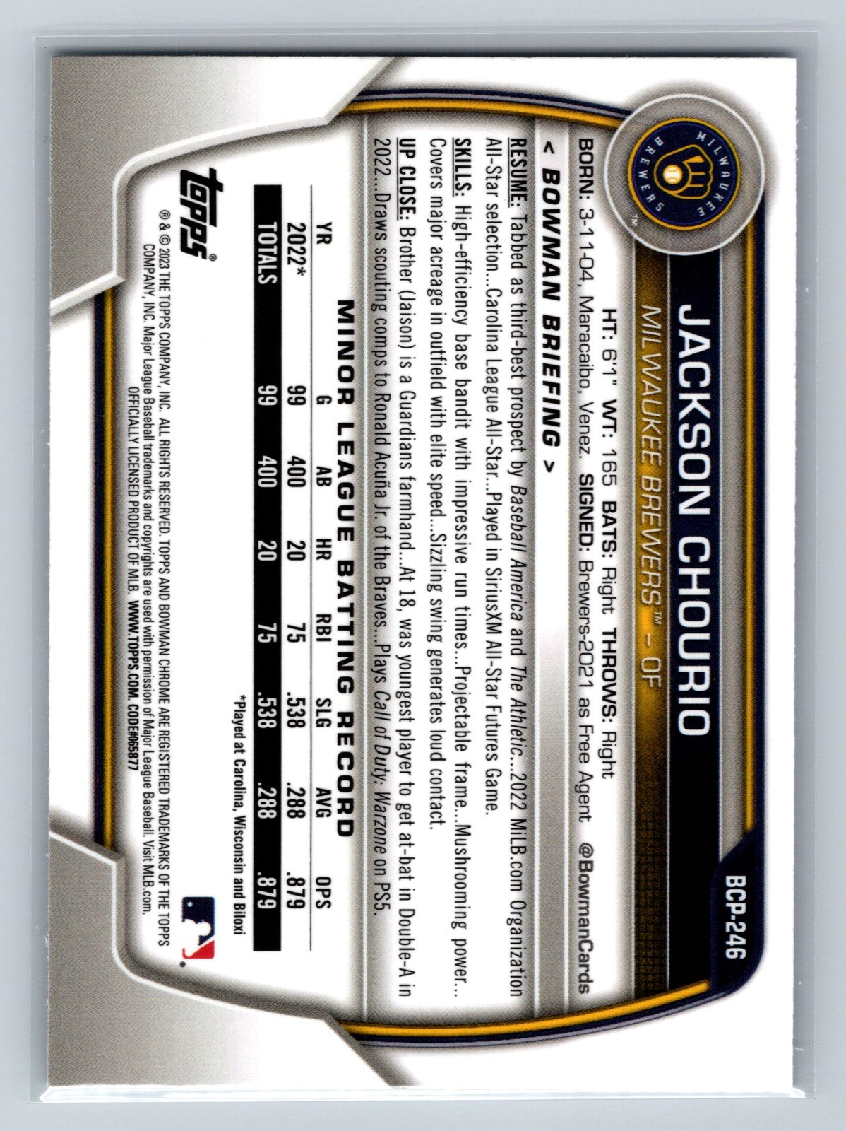 Jackson Chourio 2023 Bowman Chrome Prospect #BCP-246 Brewers