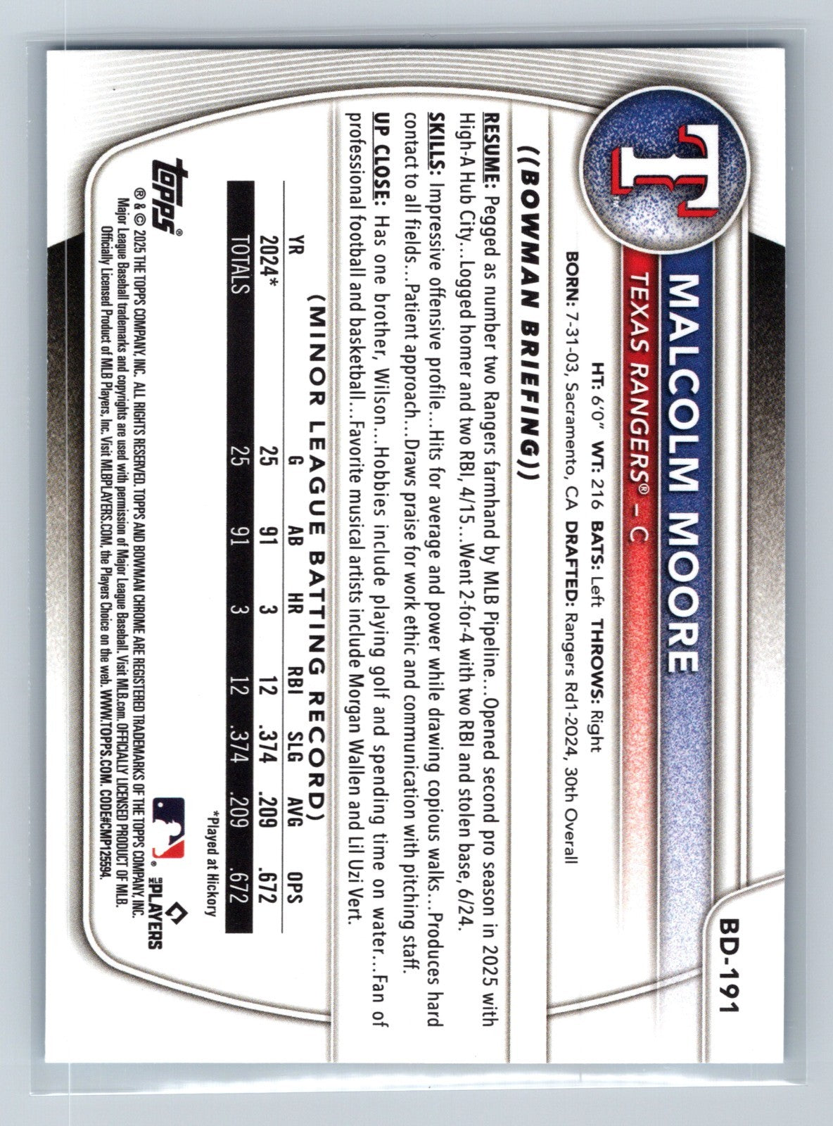Malcolm Moore 2025 Bowman Draft Paper Sky Blue Border /499 #BD-191 Rangers