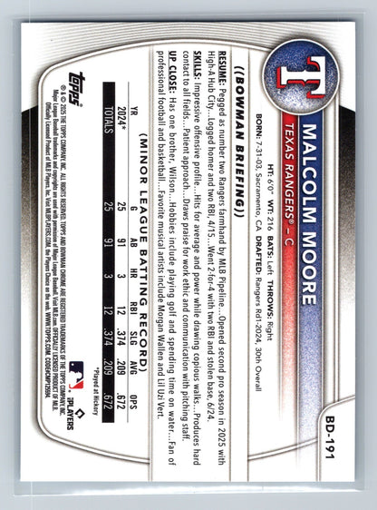 Malcolm Moore 2025 Bowman Draft Paper Sky Blue Border /499 #BD-191 Rangers