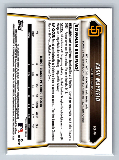 Kash Mayfield 2026 Bowman Chrome Prospects Purple RayWave Refractor /250 #BCP-70