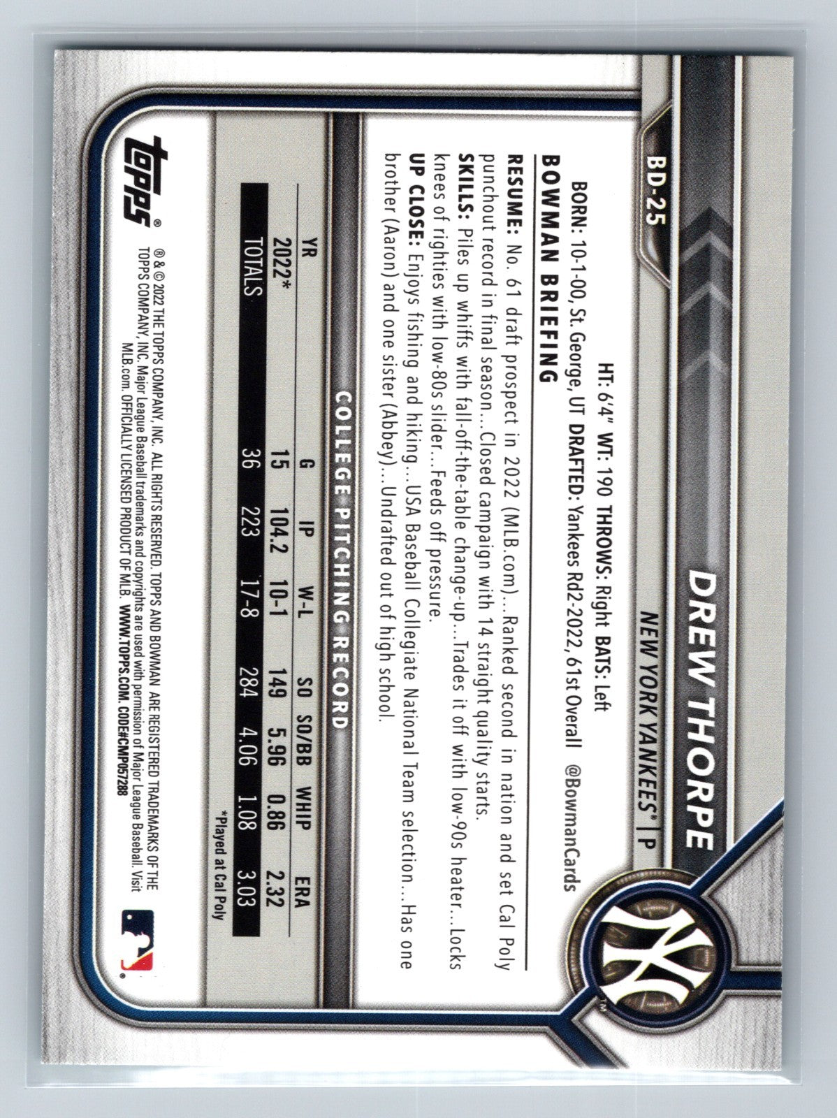 Drew Thorpe 2022 Bowman Draft 1st Paper Aqua /199 #BD-25 Yankees