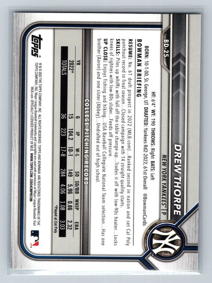 Drew Thorpe 2022 Bowman Draft 1st Paper Aqua /199 #BD-25 Yankees