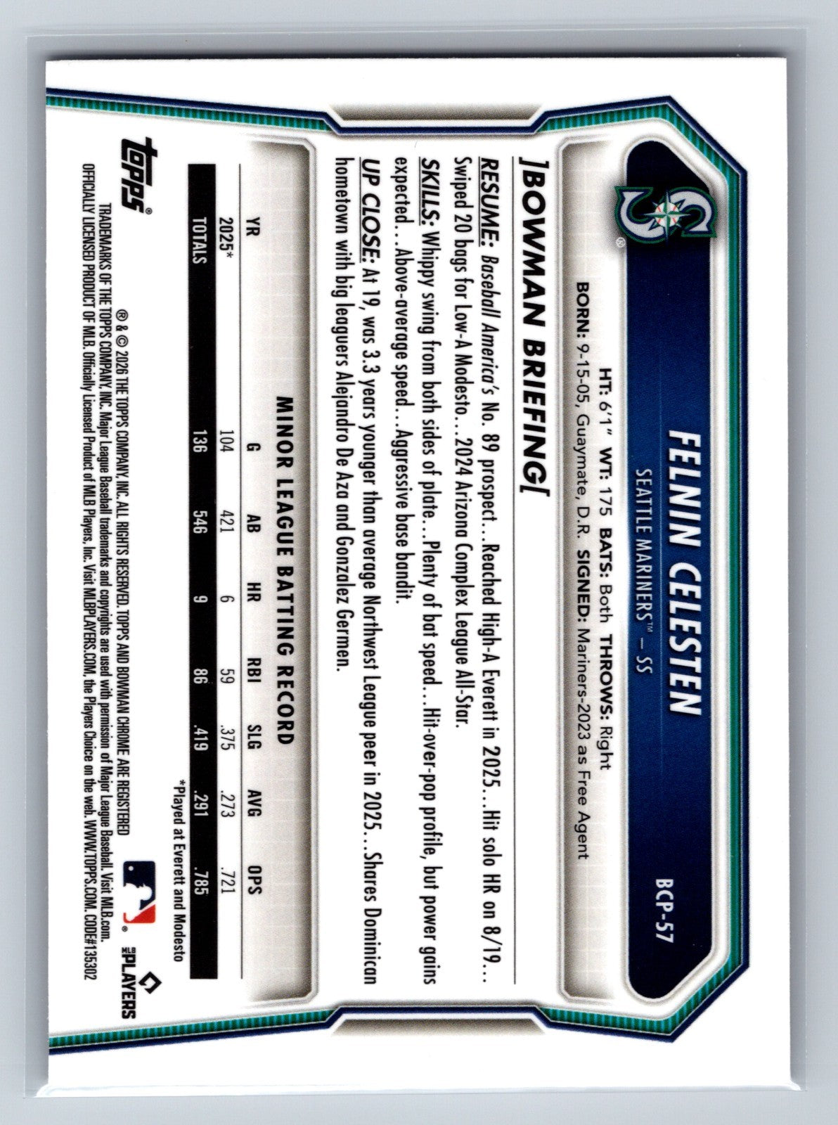 Felnin Celesten 2026 Bowman Chrome Prospect Fuchsia Wave Refractor /199 #BCP-57