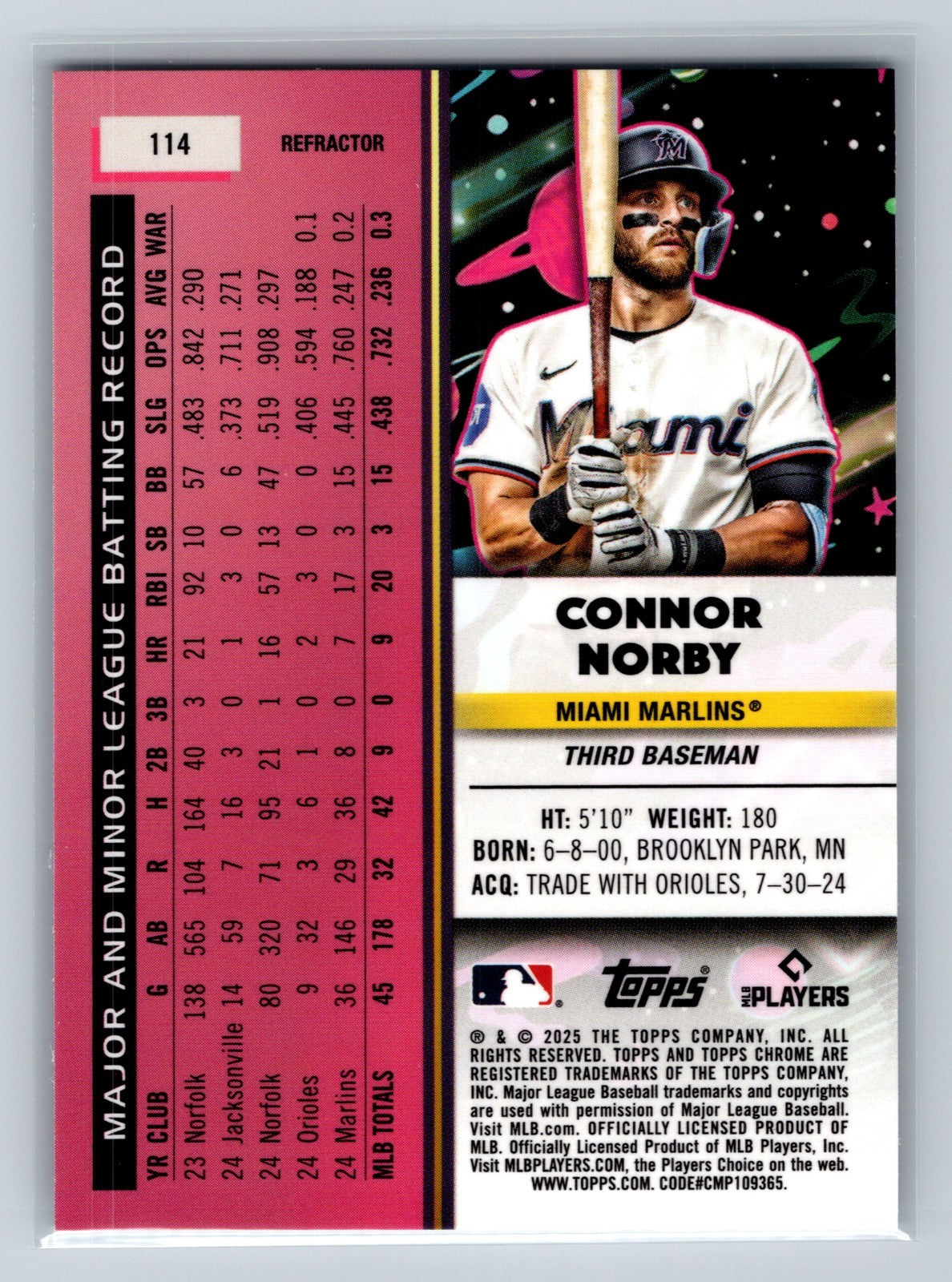 Connor Norby 2025 Topps Chrome Cosmic Refractor RC #114 Marlins