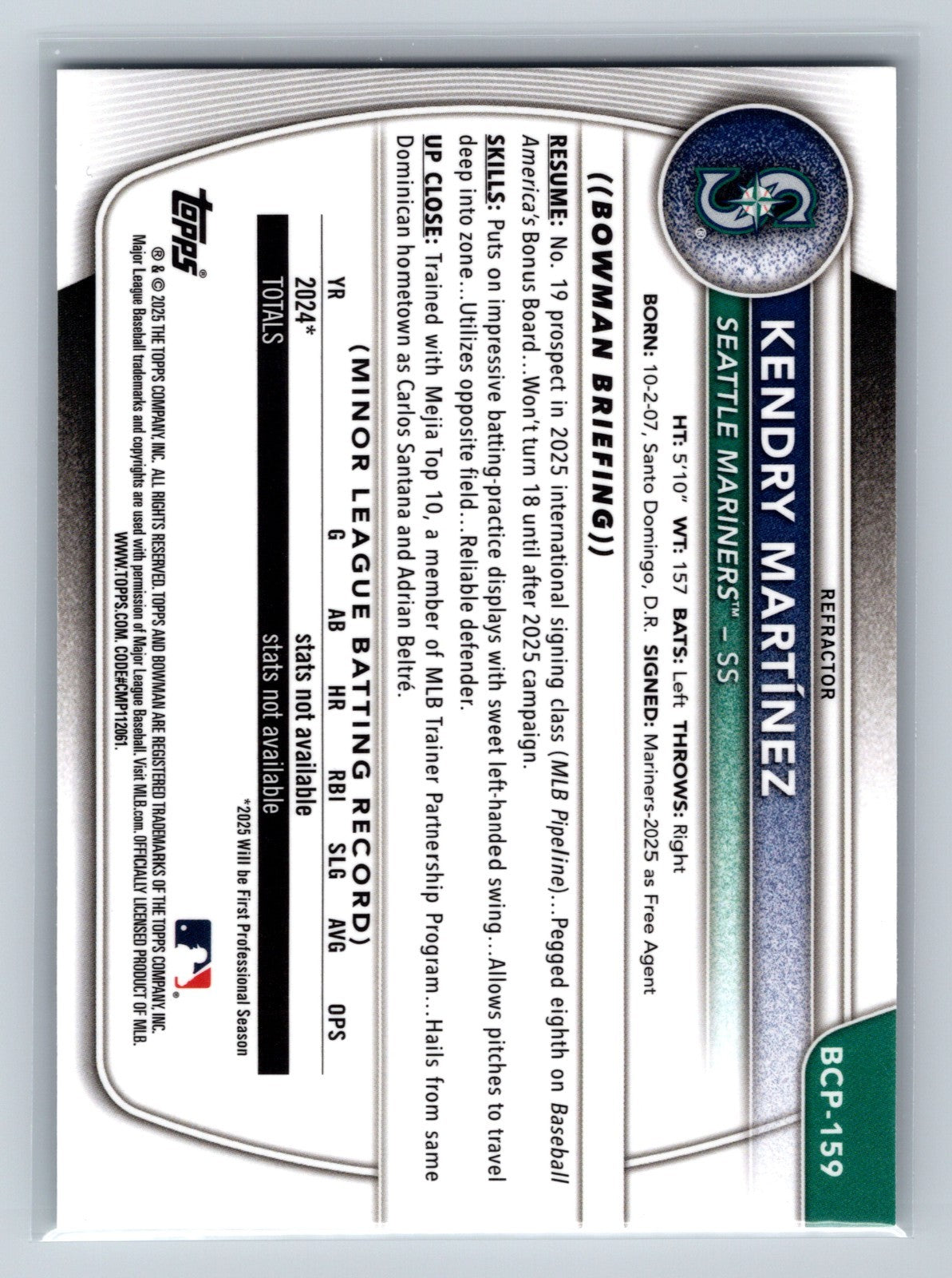 Kendry Martinez 2025 Bowman Chrome 1st Refractor /499 #BCP-159 Mariners