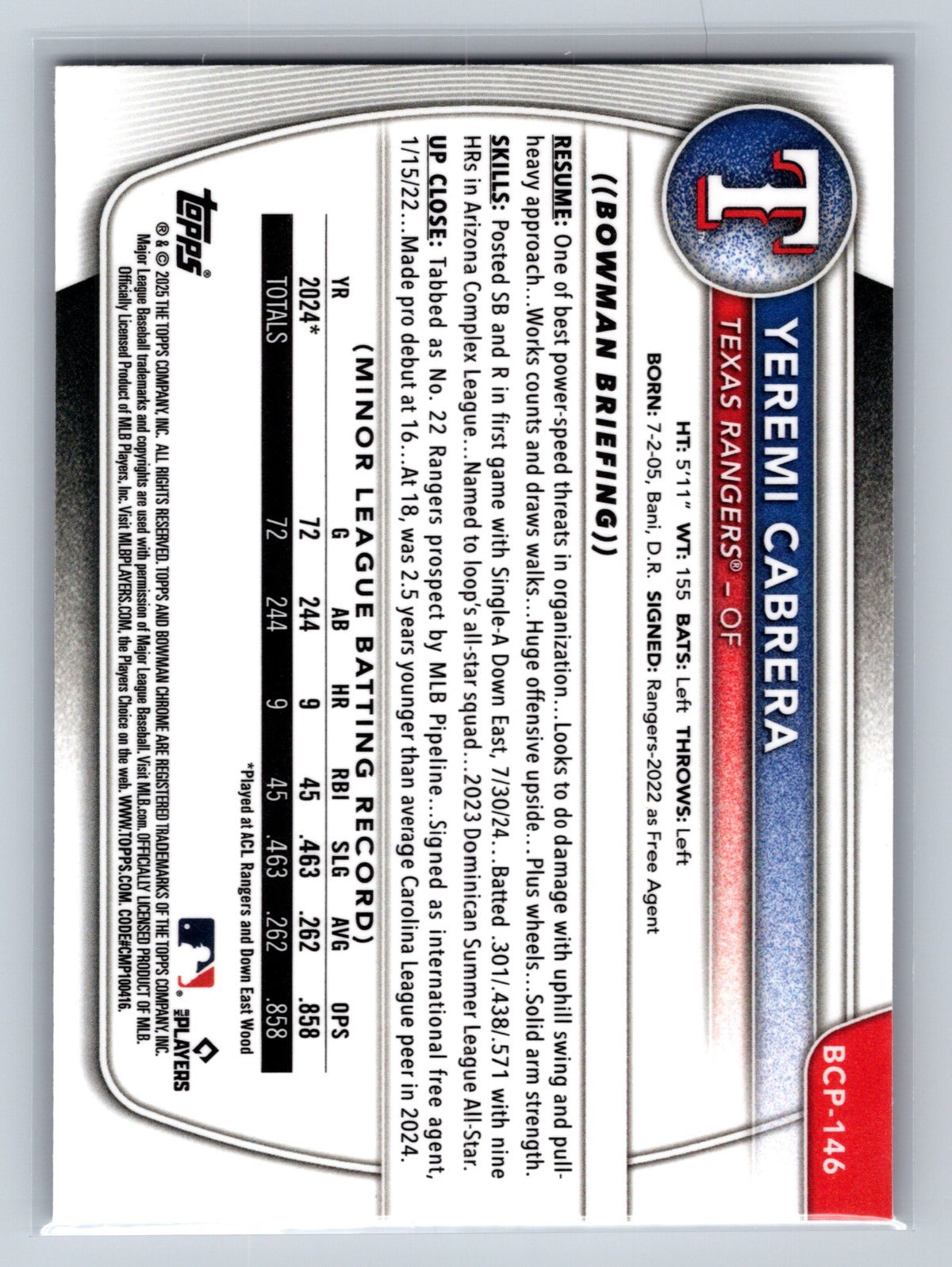 Yeremi Cabrera 2025 Bowman Chrome 1st Fuchsia Wave Refractor /199 #BCP-146