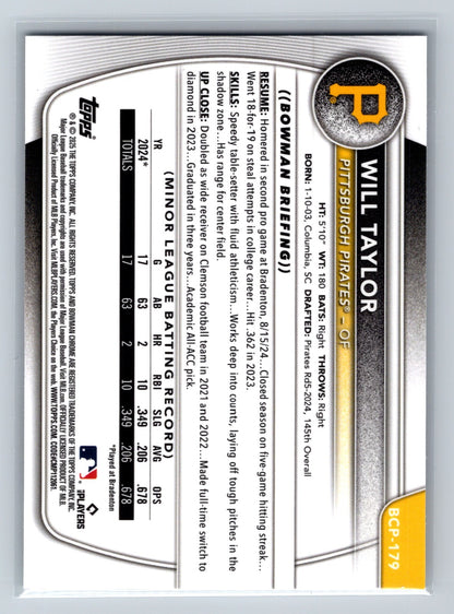 Will Taylor 2025 Bowman Chrome 1st Mini Diamond Refractor #BCP-179 Pirates