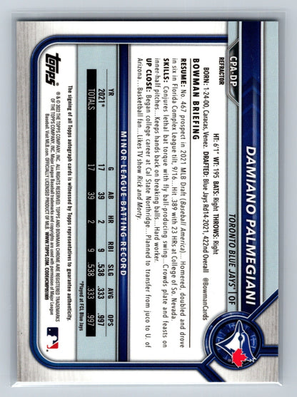 Damiano Palmegiani 2022 Bowman Chrome 1st Refractor Auto /499 #CPA-DP Blue Jays