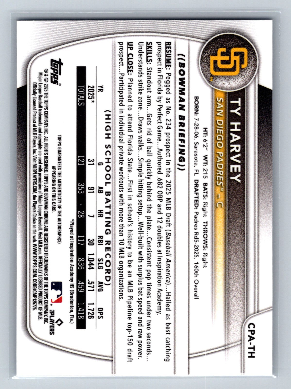 TY Harvey 2025 Bowman Draft Chrome 1st Blue Refractor Auto /150 #CPA-TH Padres