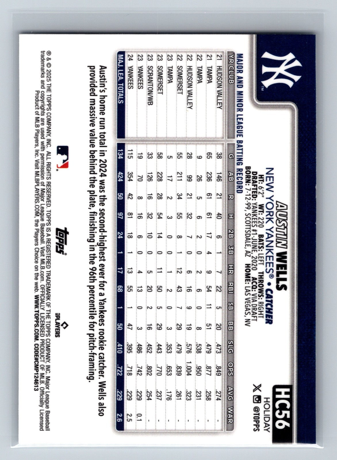 Austin Wells 2025 Topps Holiday Chrome Refractor /499 #HC56 Yankees