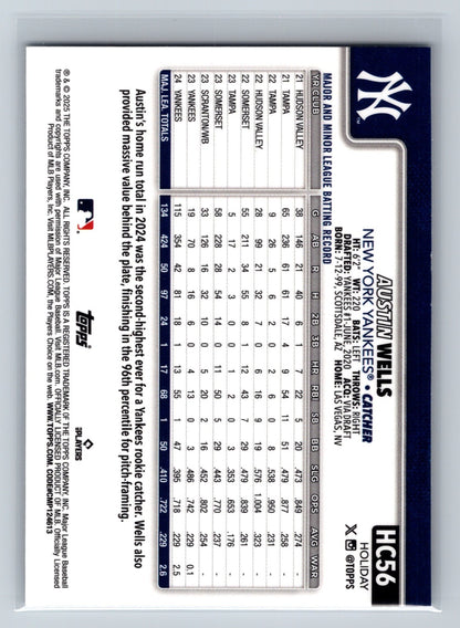 Austin Wells 2025 Topps Holiday Chrome Refractor /499 #HC56 Yankees