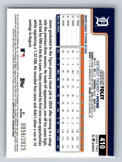 Jason Foley 2025 Topps Series 2 Gold /2025 #410 Tigers