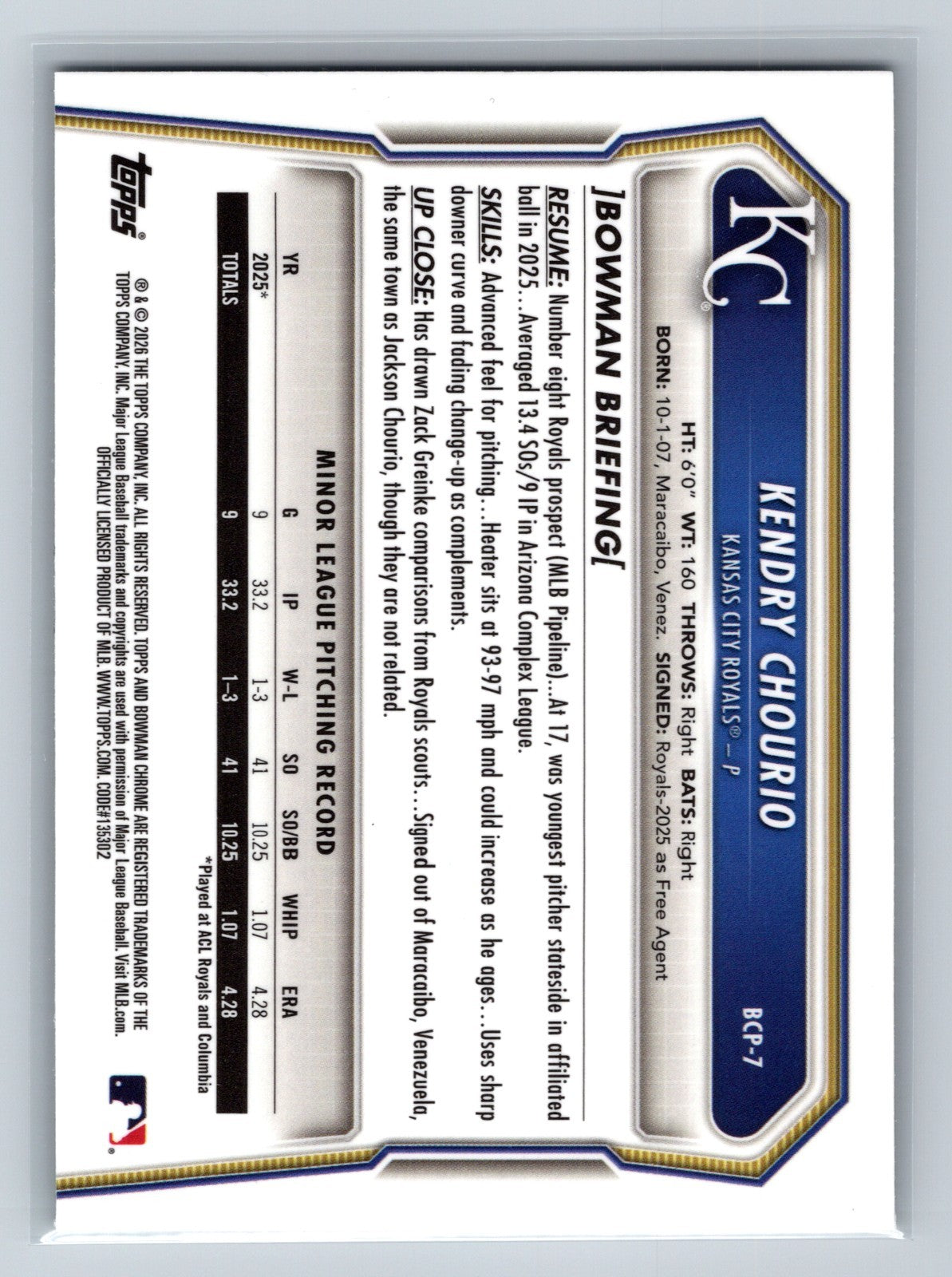 Kendry Chourio 2026 Bowman Chrome 1st Green Grass Refractor /99 #BCP-7 Royals