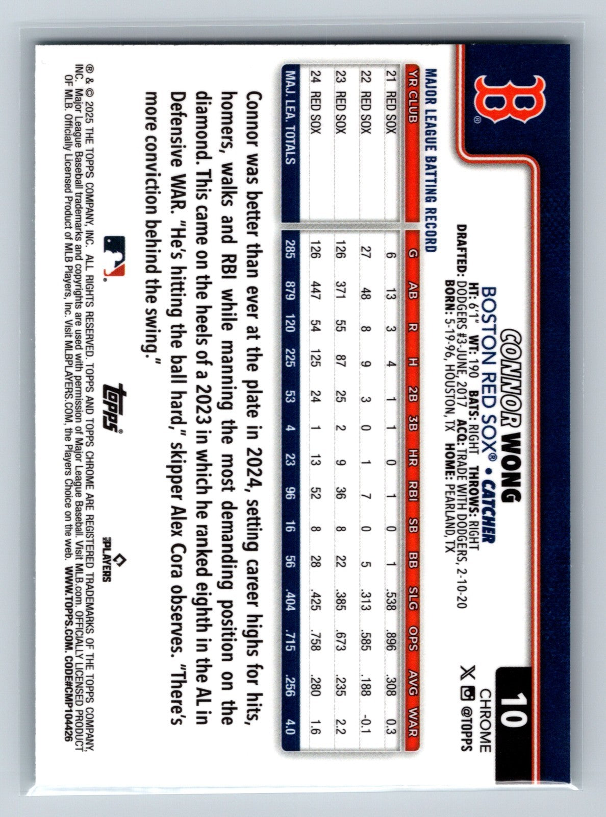 Connor Wong 2025 Topps Chrome Aqua Refractor /299 #10 Red Sox