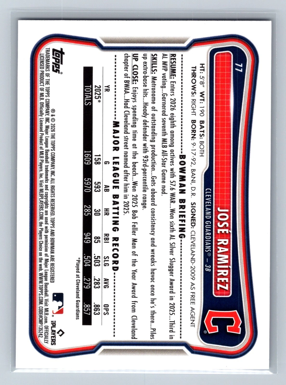Jose Ramirez 2026 Bowman Purple /250 #77 Guardians