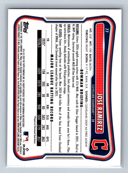 Jose Ramirez 2026 Bowman Purple /250 #77 Guardians