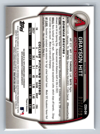 Grayson Hitt 2023 Bowman Draft Chrome 1st Refractor Auto /499 #CDA-GH