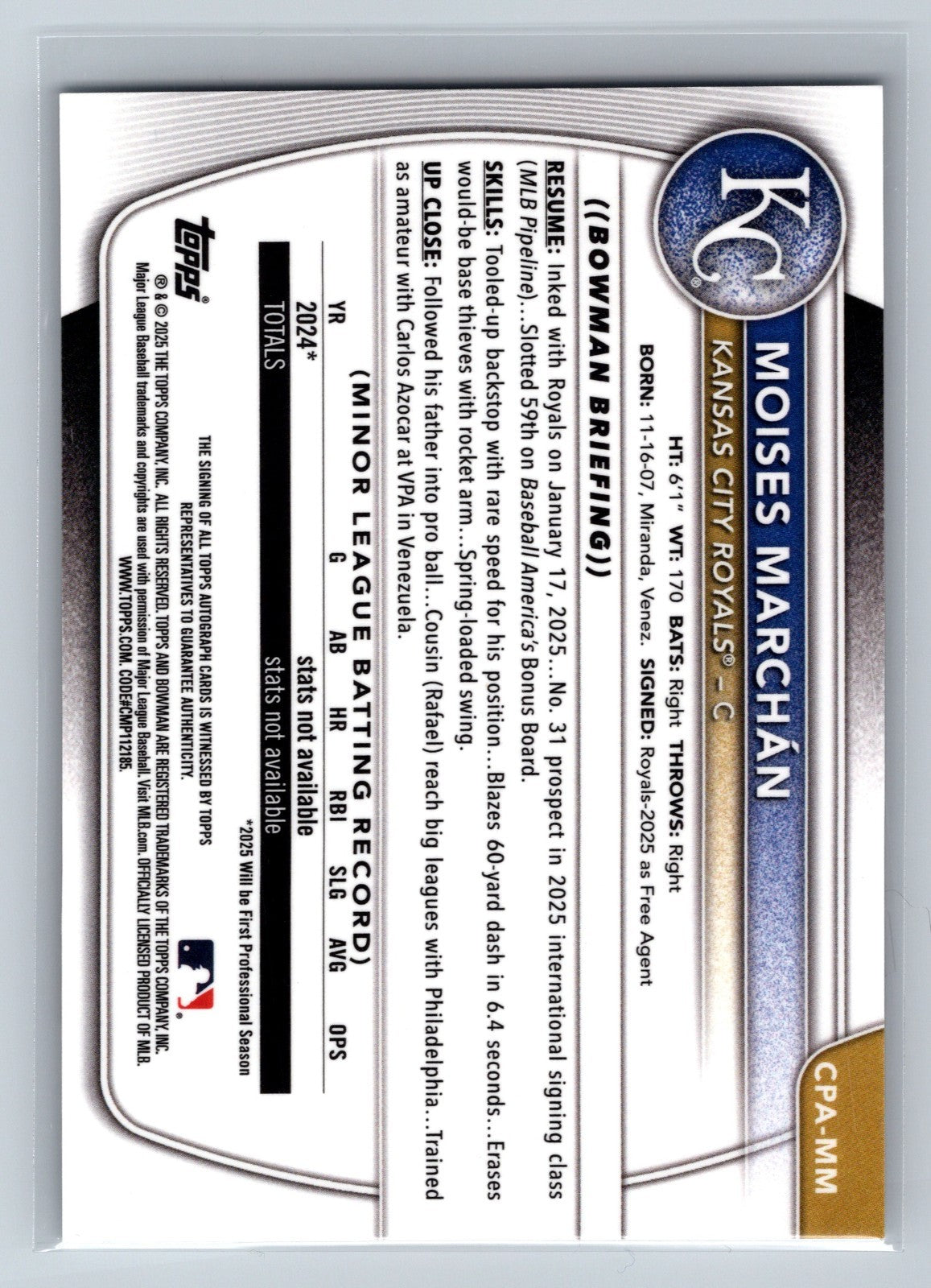 Moises Marchan 2025 Bowman Chrome 1st Auto #CPA-MM Royals