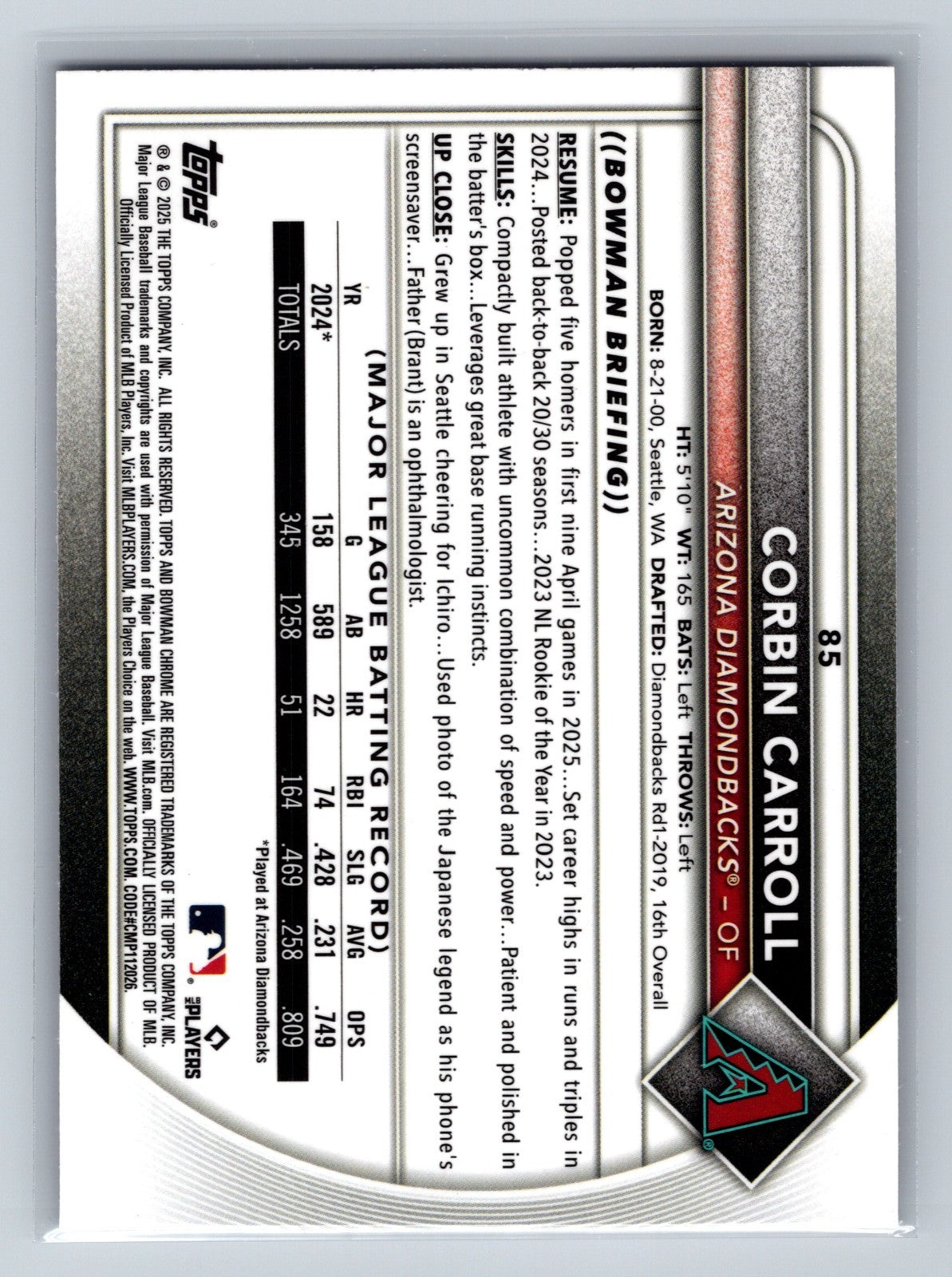 Corbin Carroll 2025 Bowman Chrome Fuchsia Wave Refractor /299 #85 Diamondbacks
