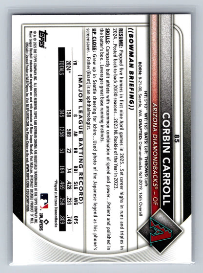 Corbin Carroll 2025 Bowman Chrome Fuchsia Wave Refractor /299 #85 Diamondbacks