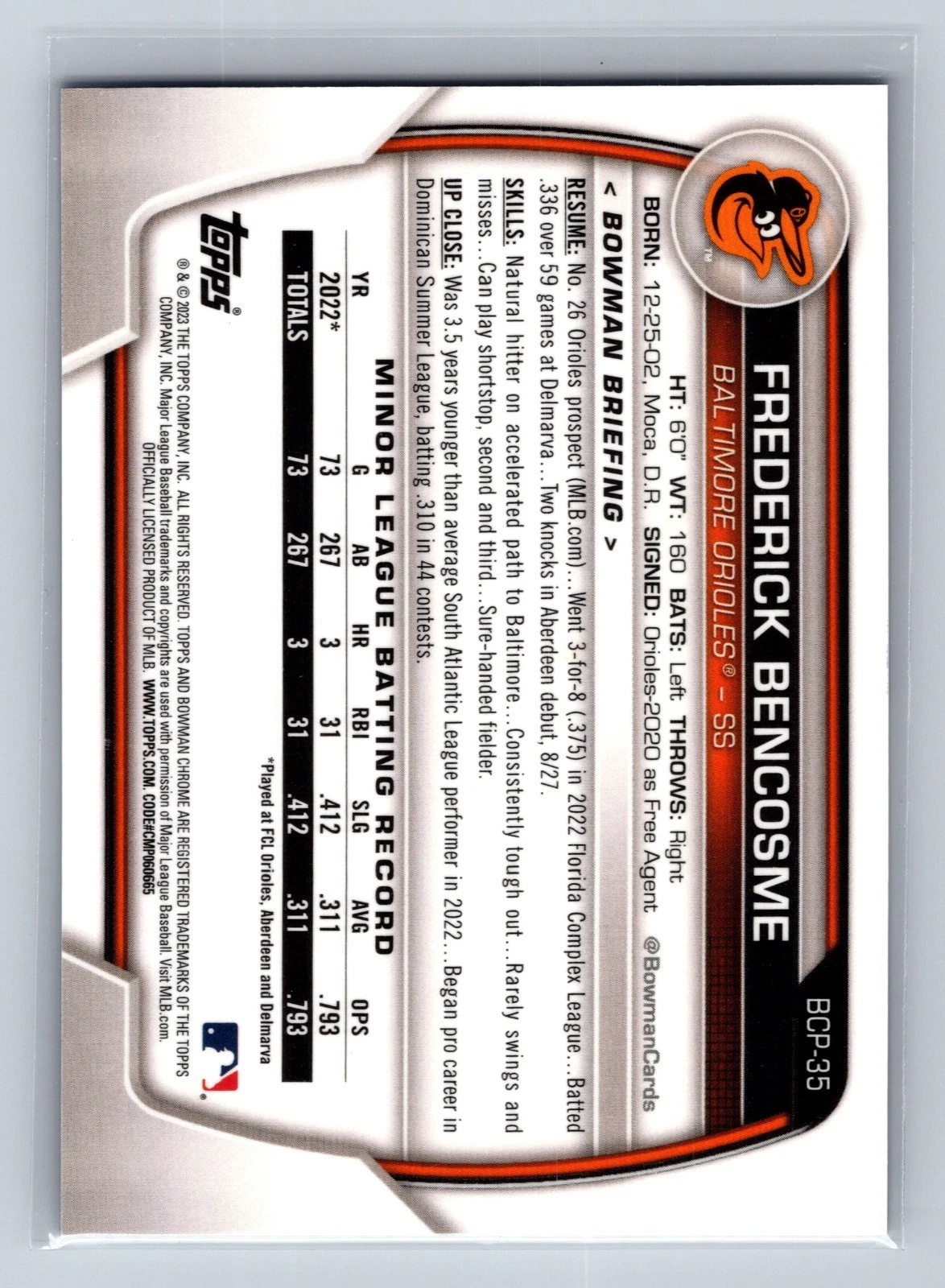 Frederick Bencosme 2023 Bowman Chrome 1st Blue Refractor /150 #BCP-35 Orioles