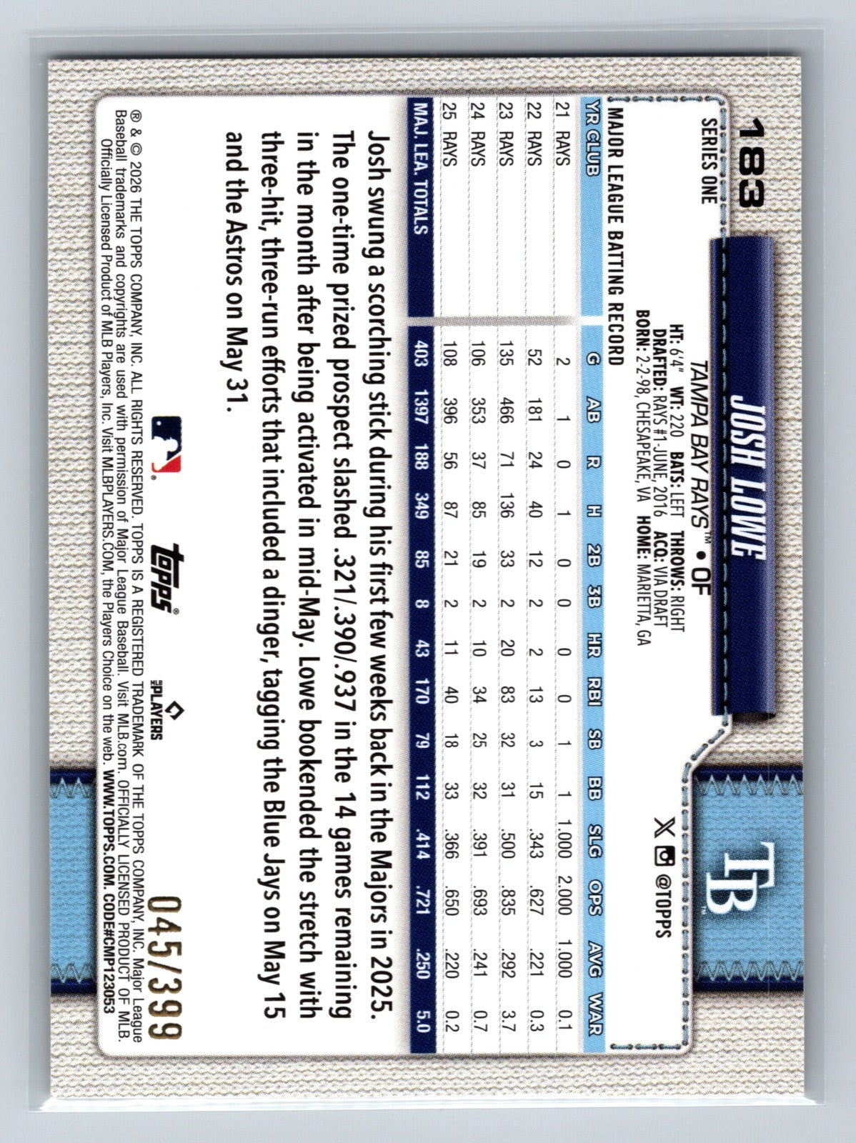 Josh Lowe 2026 Topps Series 1 Yellow Rainbow Foil /399 #183 Rays