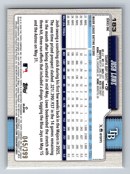 Josh Lowe 2026 Topps Series 1 Yellow Rainbow Foil /399 #183 Rays
