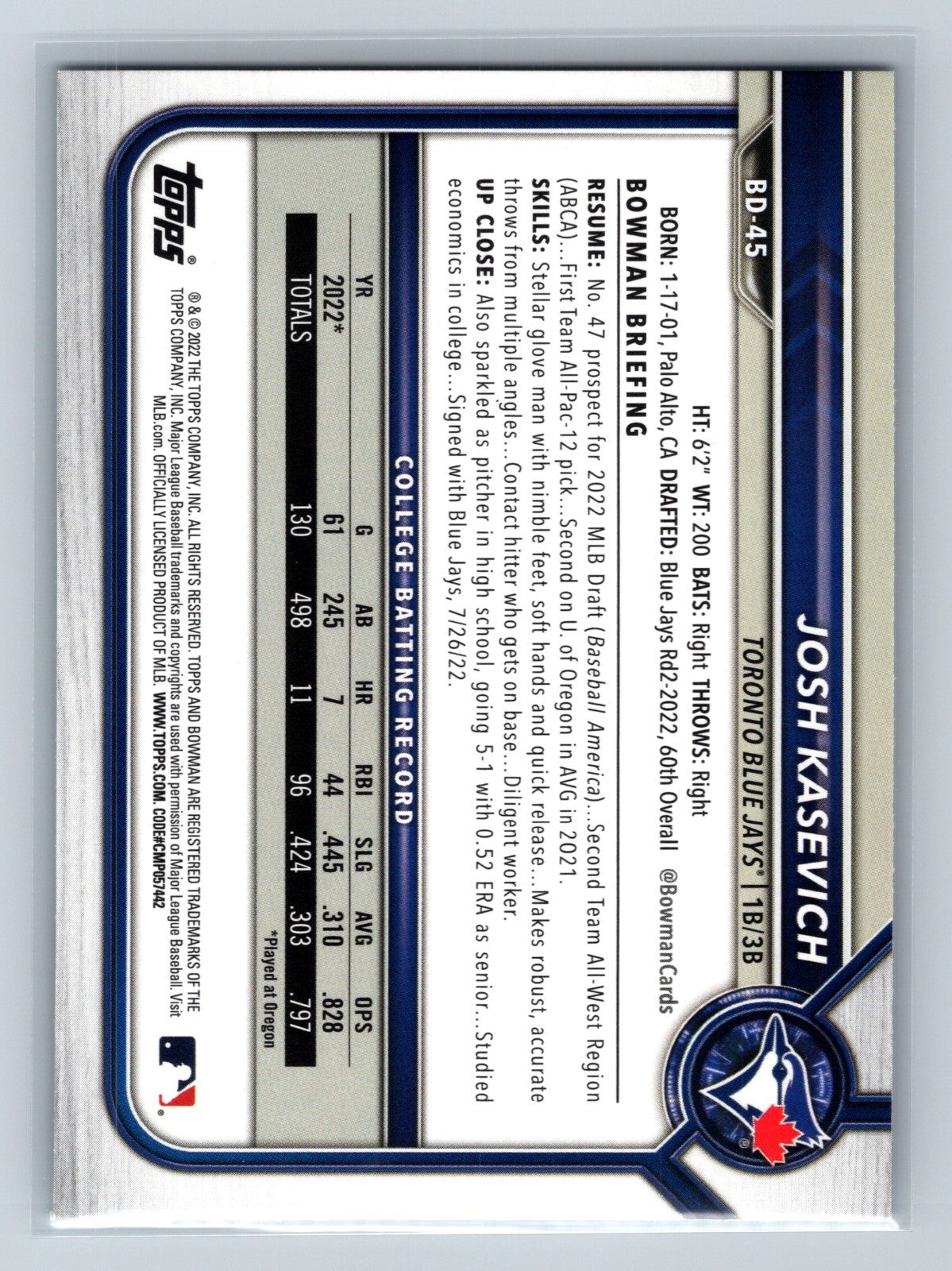 Josh Kasevich 2022 Bowman Draft 1st Edition Paper Sky Blue Foil #BD-45 Blue Jays