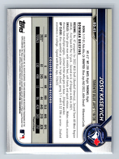 Josh Kasevich 2022 Bowman Draft 1st Edition Paper Sky Blue Foil #BD-45 Blue Jays