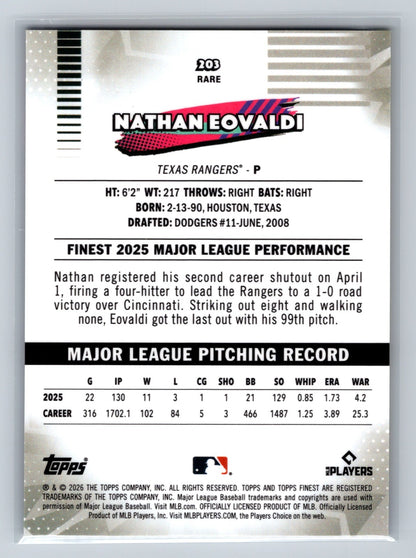 Nathan Eovaldi 2026 Topps Finest Rare Yellow Refractor /275 #203 Rangers