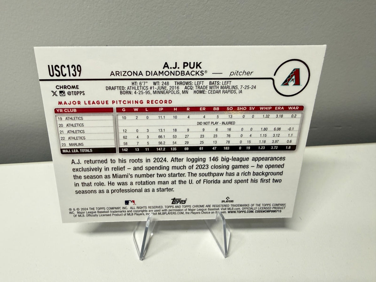 A.J. Puk 2024 Topps Chrome Update Series Blue RayWave Refractor /150 #USC139