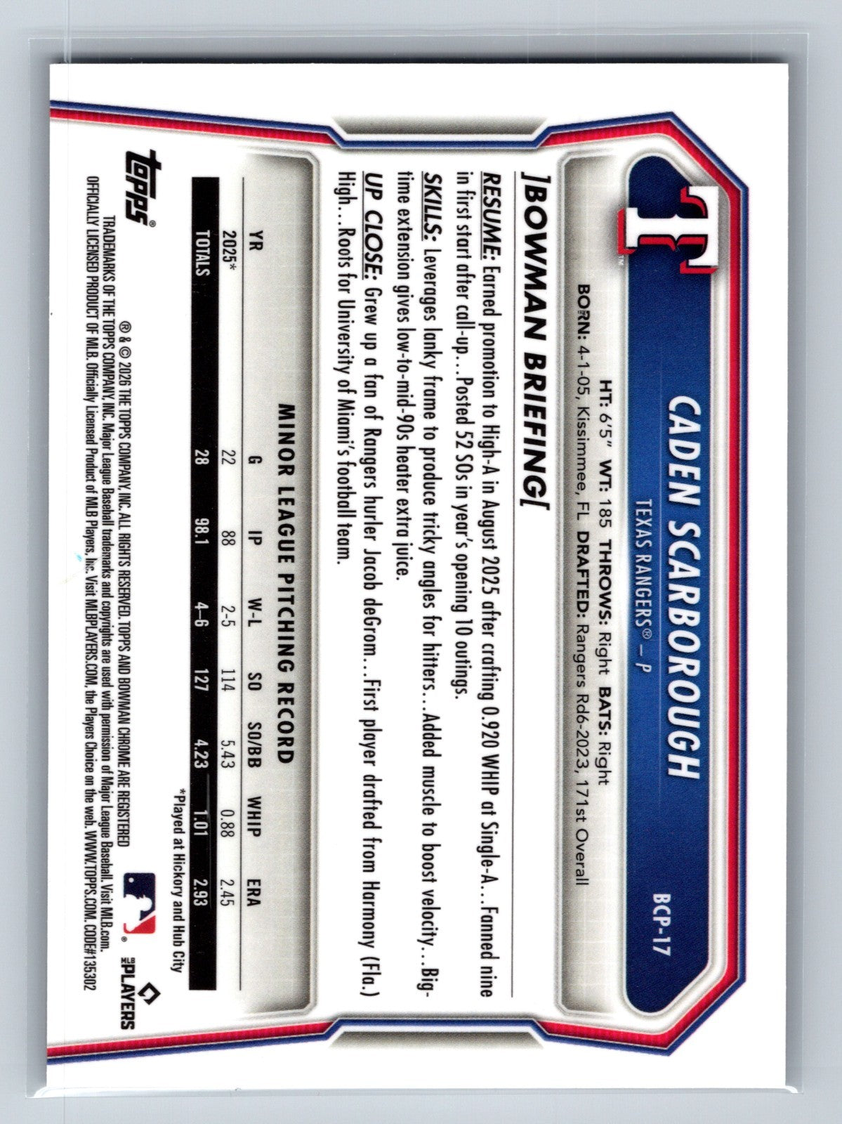 Caden Scarborough 2026 Bowman Chrome 1st Reptilian Refractor #BCP-17 Rangers