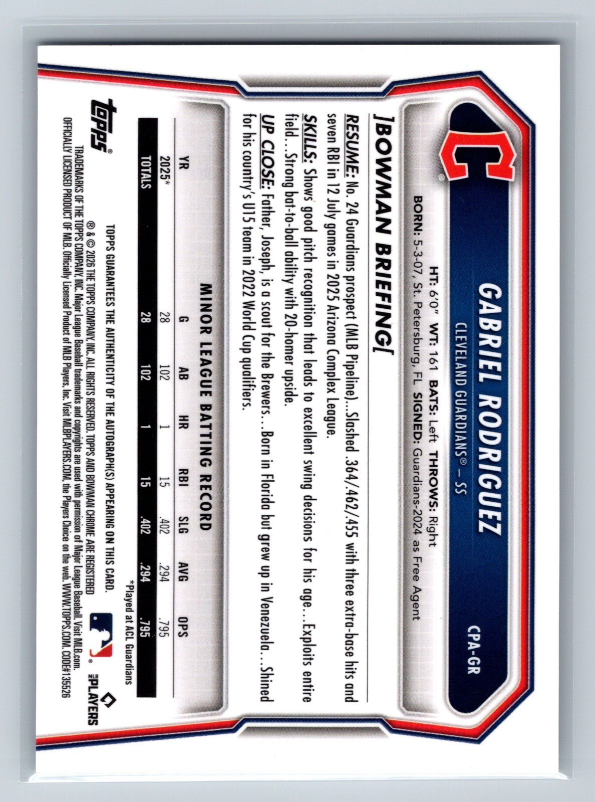 Gabriel Rodriguez 2026 Bowman Chrome 1st Auto #CPA-GR Guardians